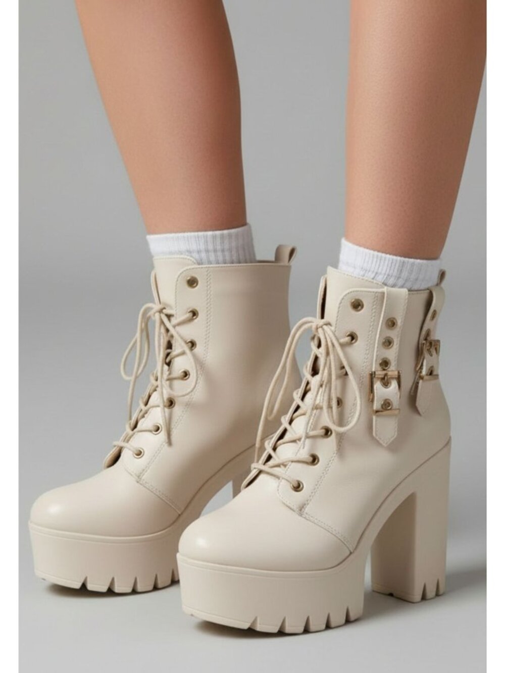 Lace-Up Platform Chunky Heel Ankle Boots With Gold Buckle Detail Faux Leather